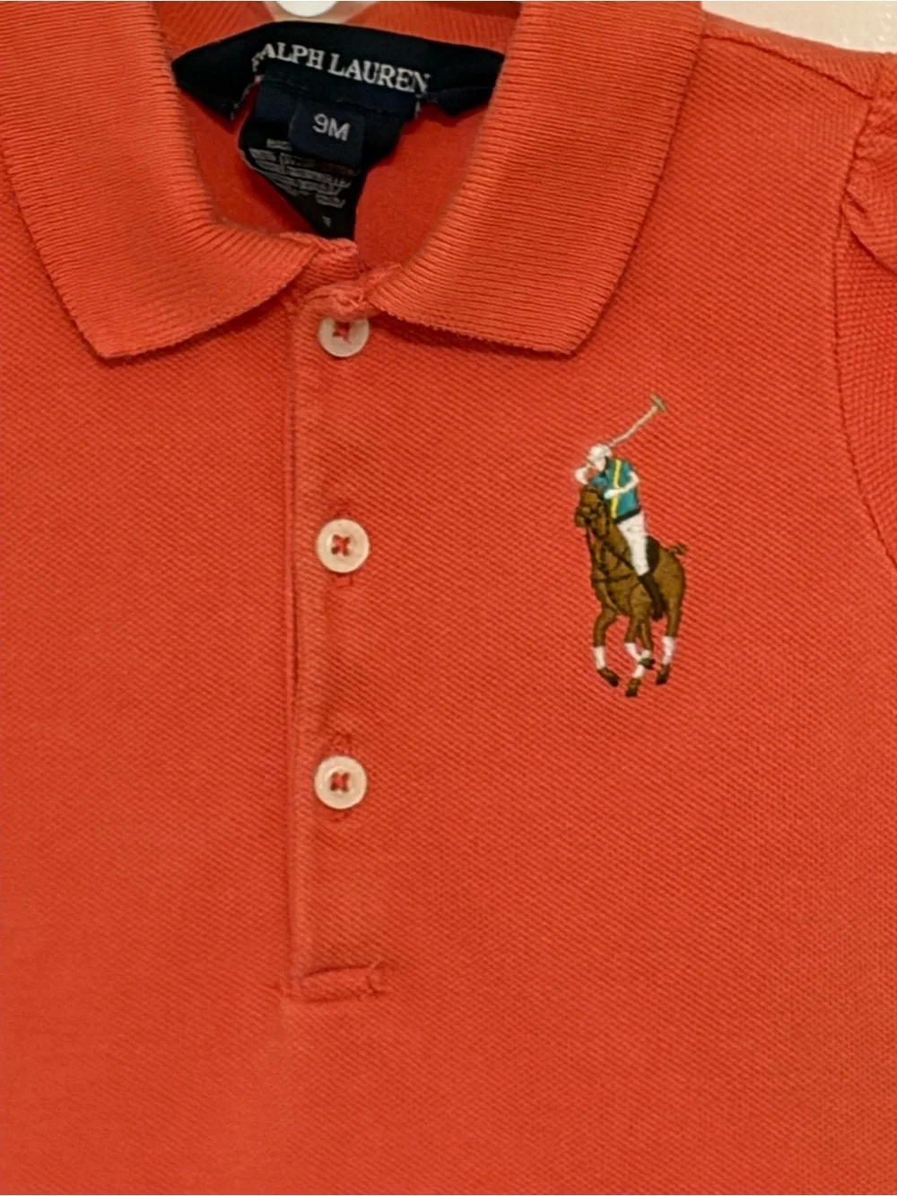 Ralph Lauren Baby Girls Orange Dress w/Ruffle Hem & Large Polo Pony 9 Months